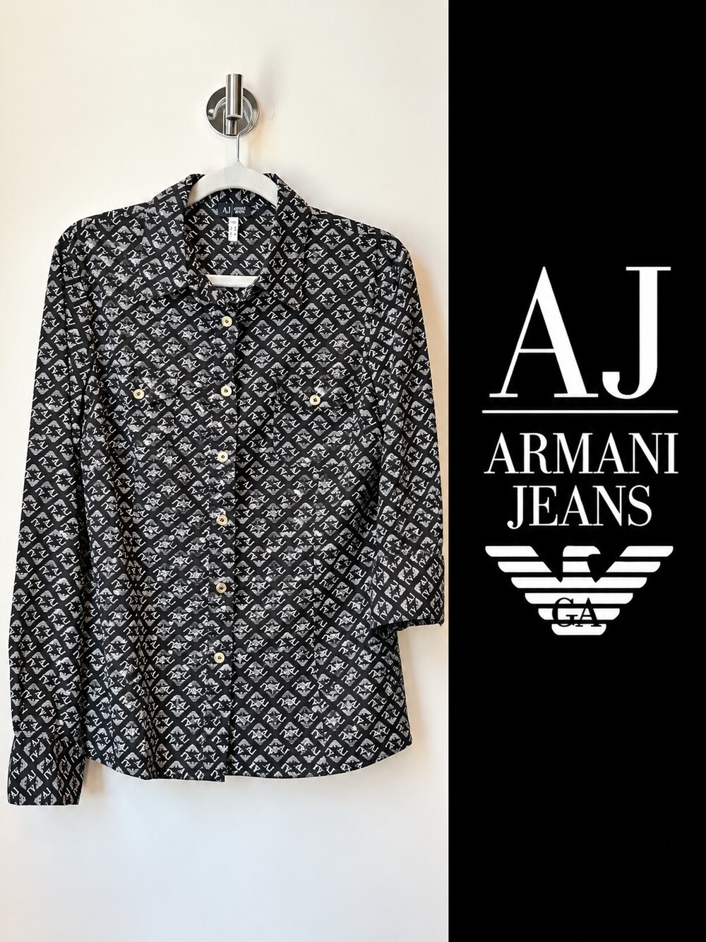 Armani Jeans AJ Women's Black White Monogram Button Down Shirt Size 6